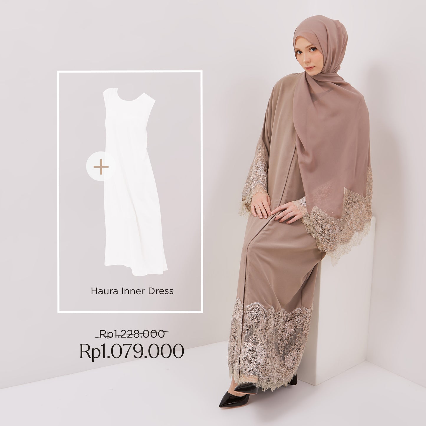 Bundle 1 - Hania Abaya Set in Mocca & Haura Inner Dress in White
